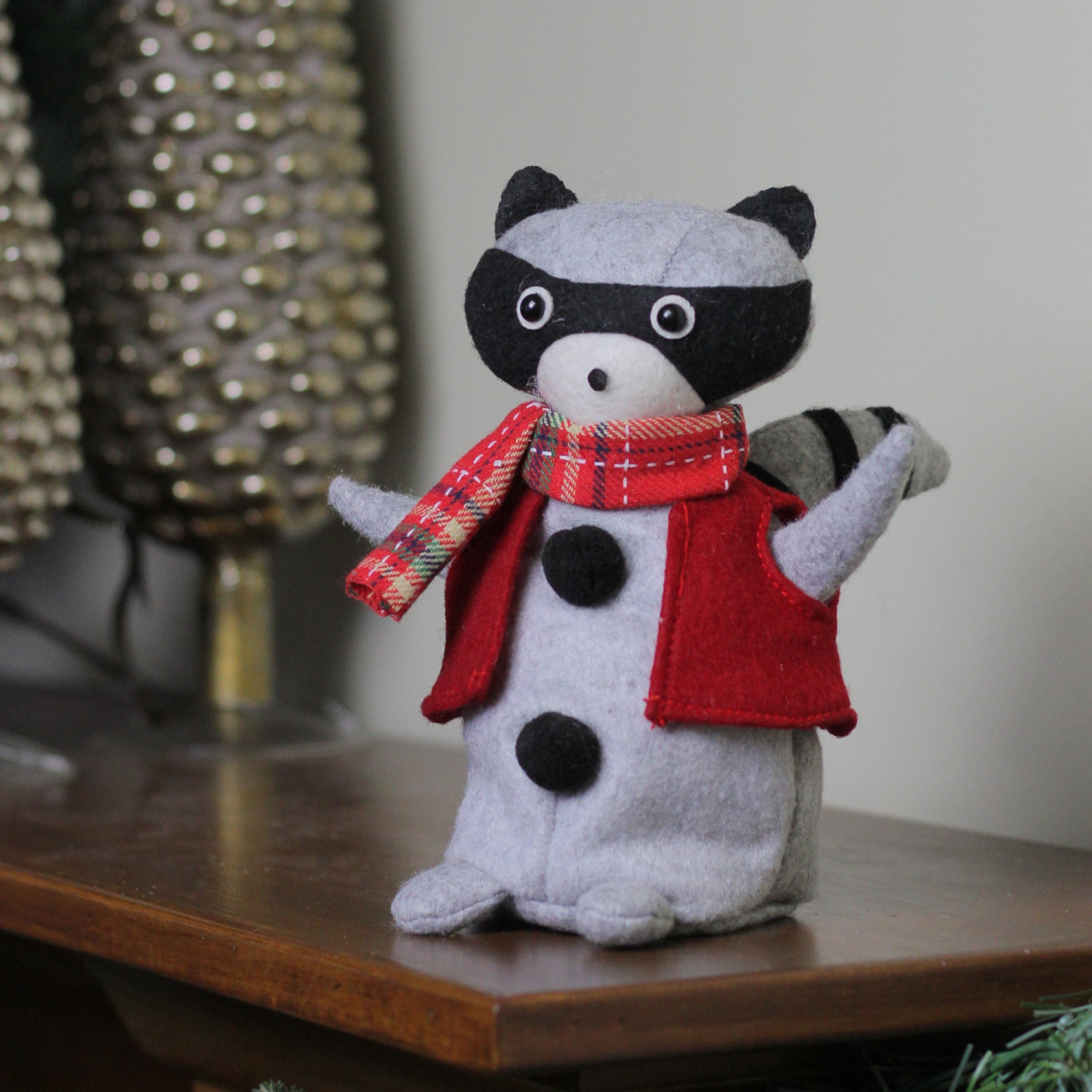 7" Animated Gray and Flannel Raccoon Tabletop Christmas Decoration