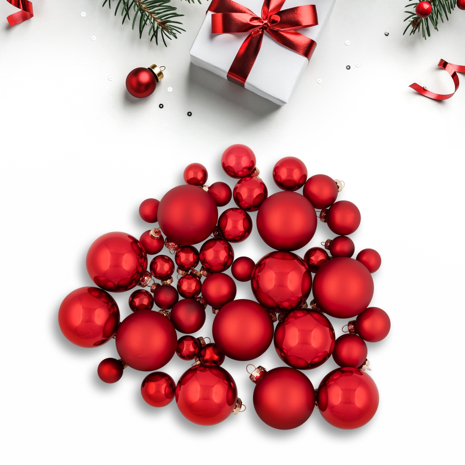 40ct Shiny, Glitter and Matte Red Glass Ball Christmas Ornament Set 1"-2.5"