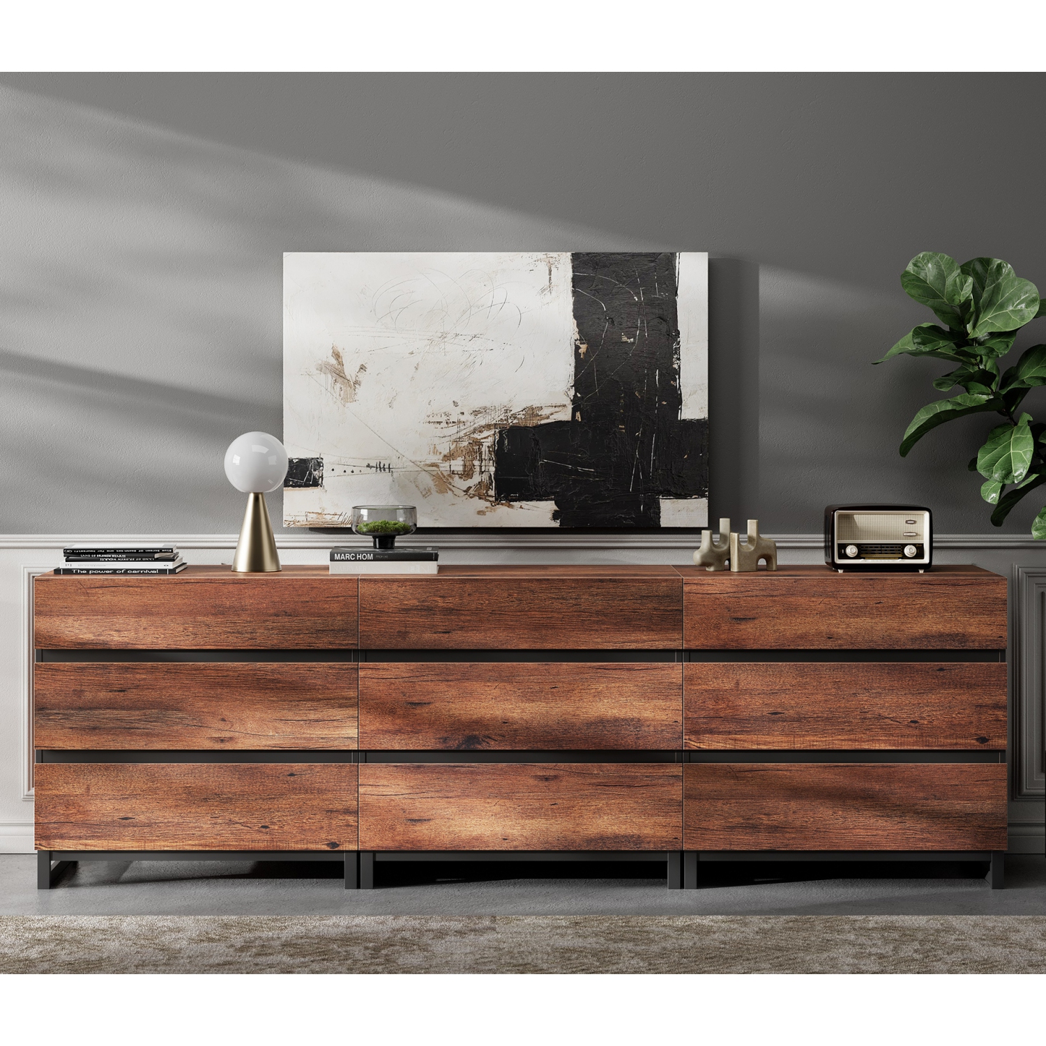 WAMPAT – Armoire de rangement, buffet moderne 3-en-1 à 9 tiroirs et base en métal, armoires de bar à café, brun