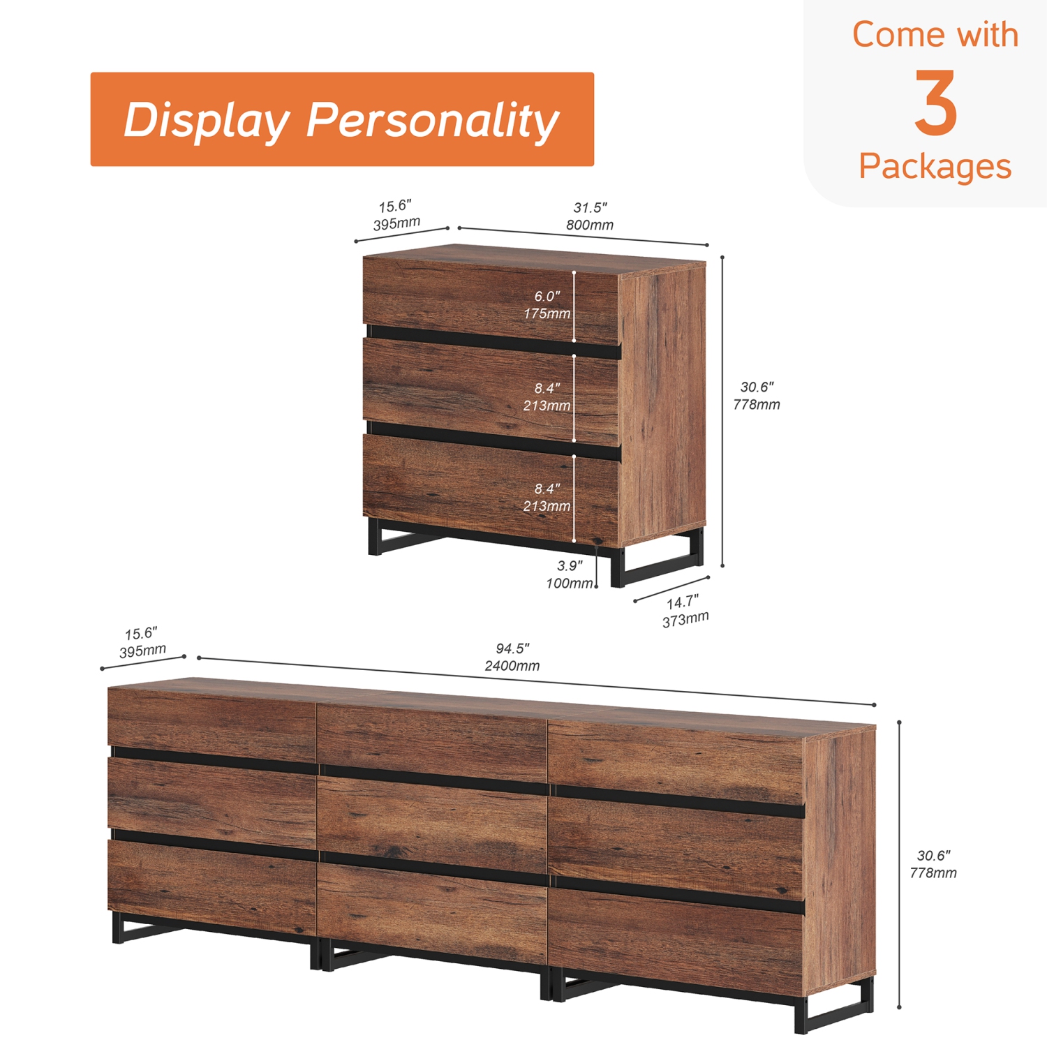 WAMPAT – Armoire de rangement, buffet moderne 3-en-1 à 9 tiroirs et base en métal, armoires de bar à café, brun