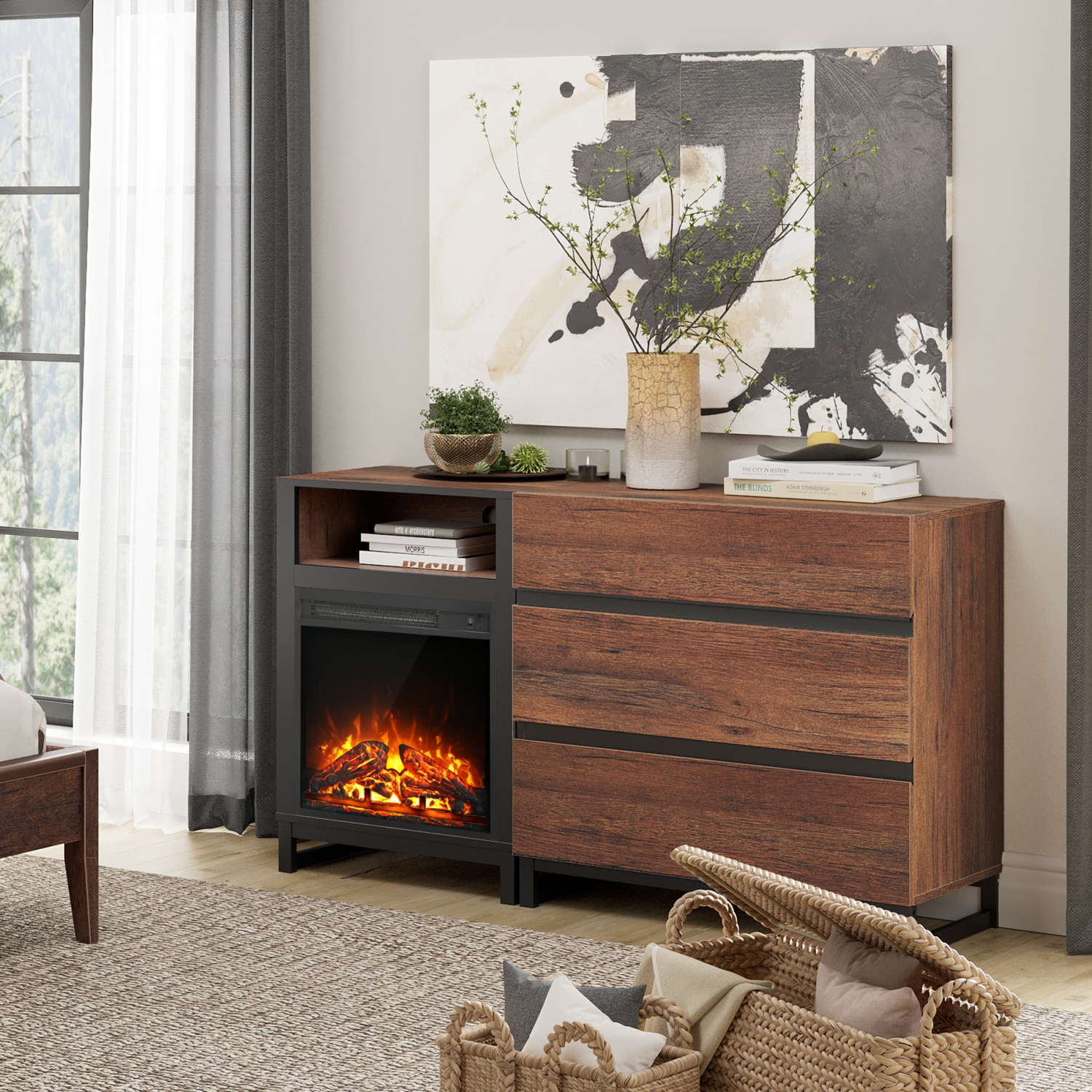 Meuble pour téléviseur avec foyer WAMPAT pour téléviseurs jusqu'à 60&nbsp;po 2 en 1, meuble de divertissement moderne avec lumières DEL et 3 tiroirs