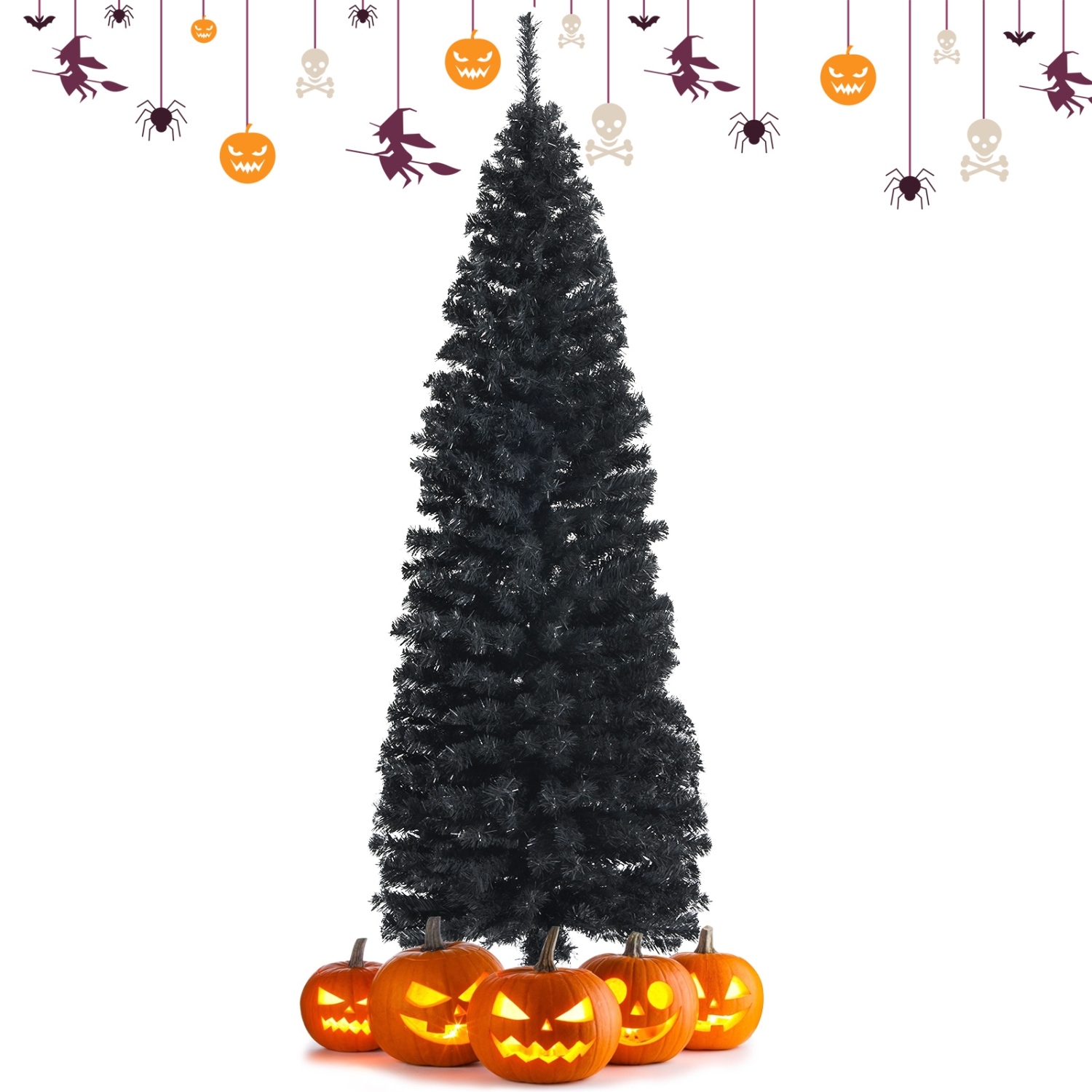 Topbuy 6FT Artificial Full Black Christmas Tree Slim Pencil Tree Seasonal Holiday Decoration for Home Office & Party