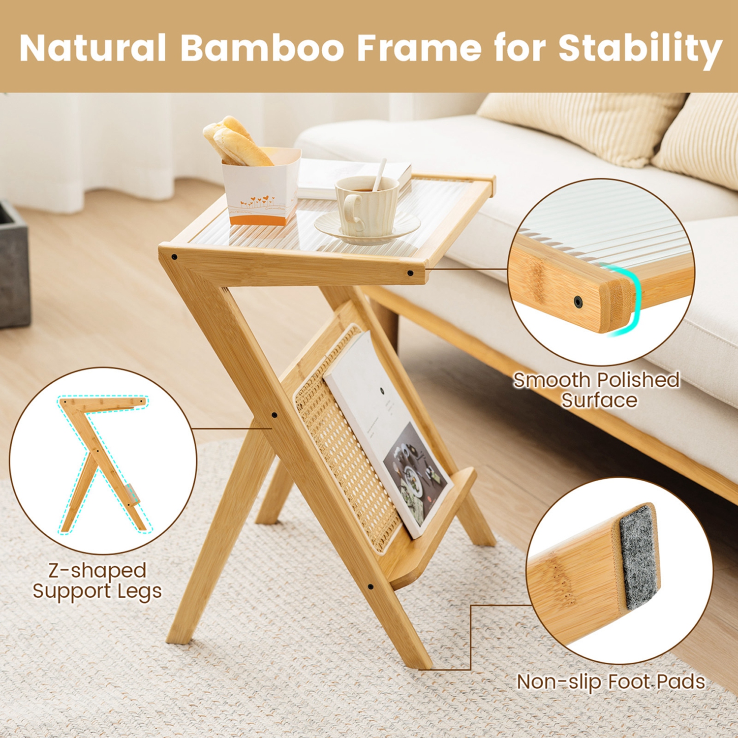 Costway Rattan Side Table Bamboo Accent Bedside Table with Tempered Glass Top