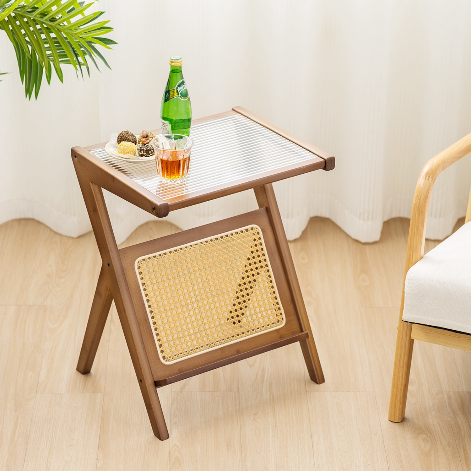 Costway Rattan Side Table Bamboo Accent Bedside Table with Tempered Glass Top