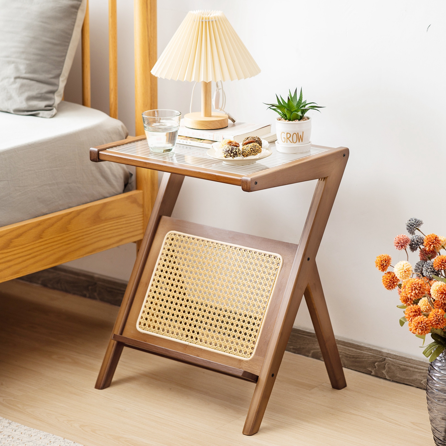 Costway Rattan Side Table Bamboo Accent Bedside Table with Tempered Glass Top