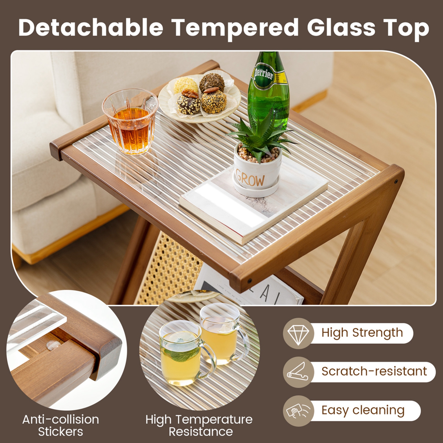 Costway Rattan Side Table Bamboo Accent Bedside Table with Tempered Glass Top