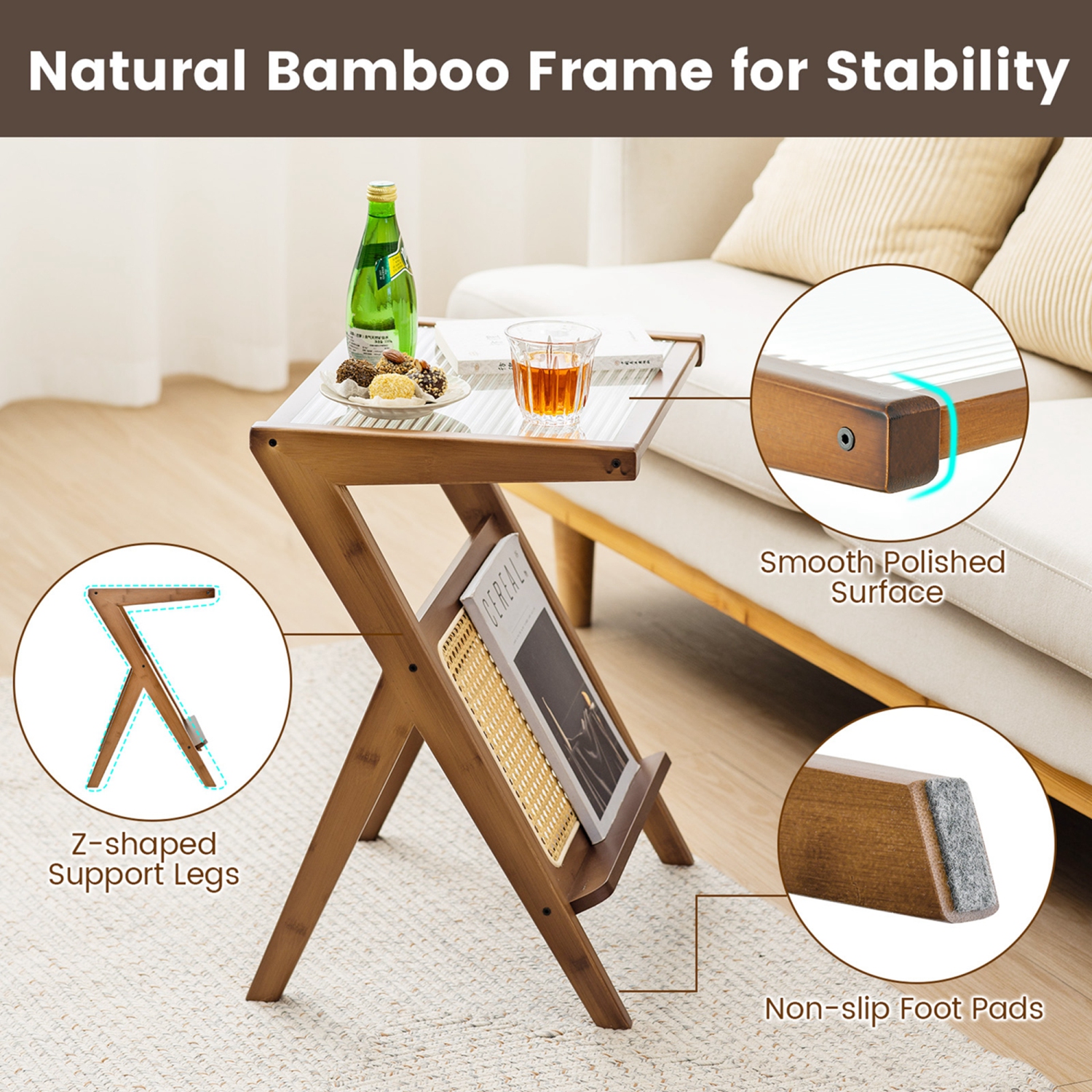 Costway Rattan Side Table Bamboo Accent Bedside Table with Tempered Glass Top