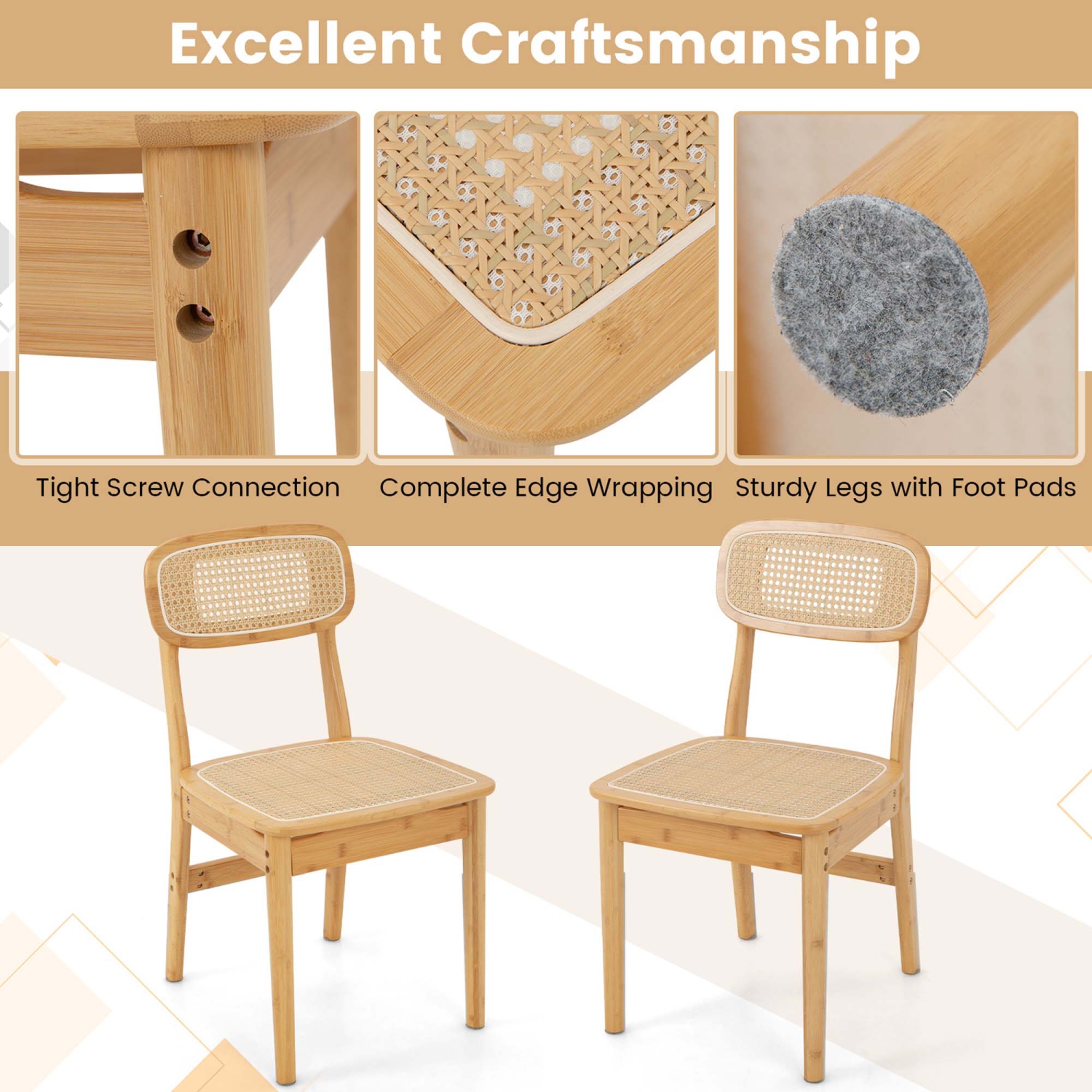 Ensemble de 2 chaises d'appoint en rotin avec cadre en bambou et dossier tressé et salle à manger avec siège de Costway