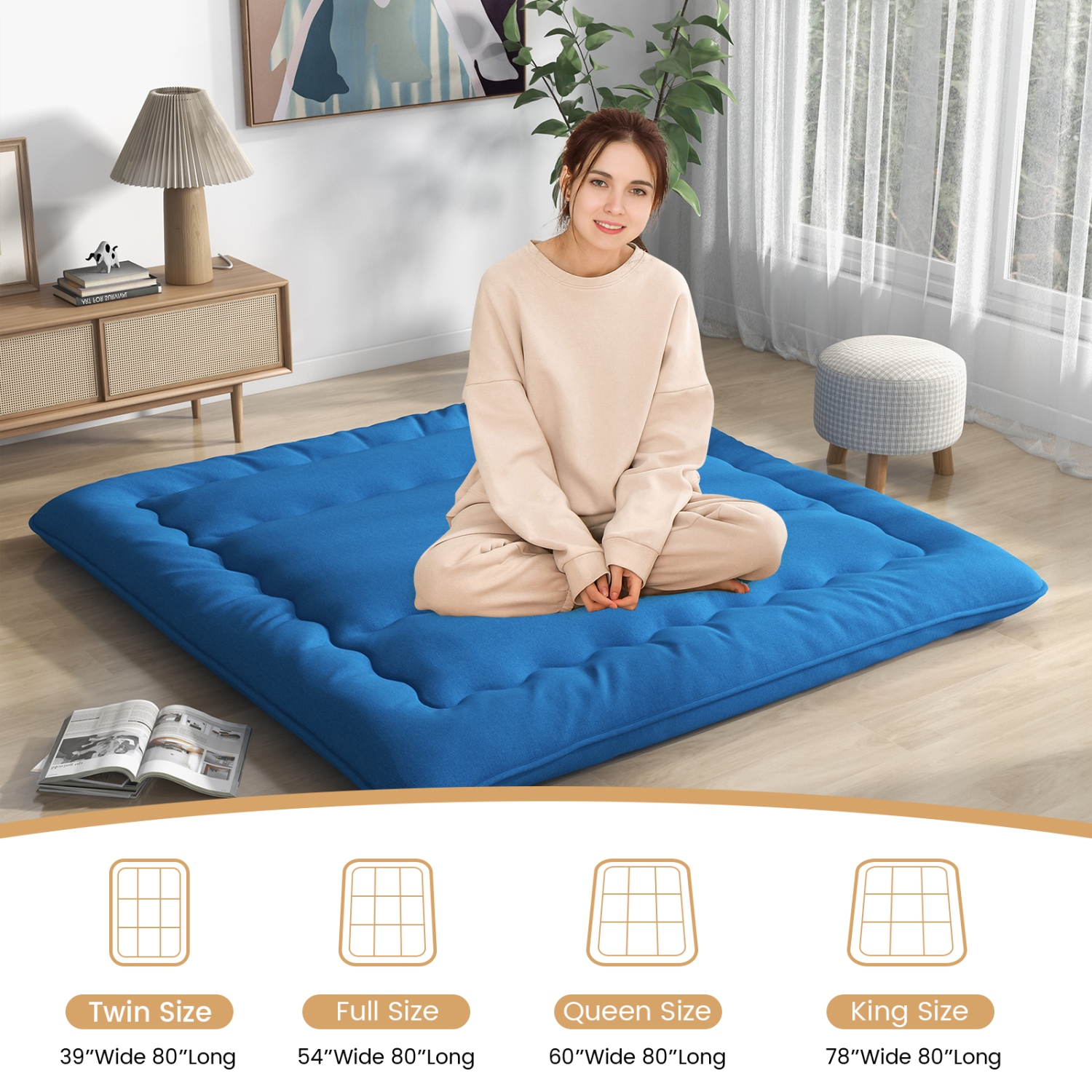 Costway Full/King/Queen/Twin Futon Mattress Japanese Floor Sleeping Pad Washable Cover Carry Bag Blue