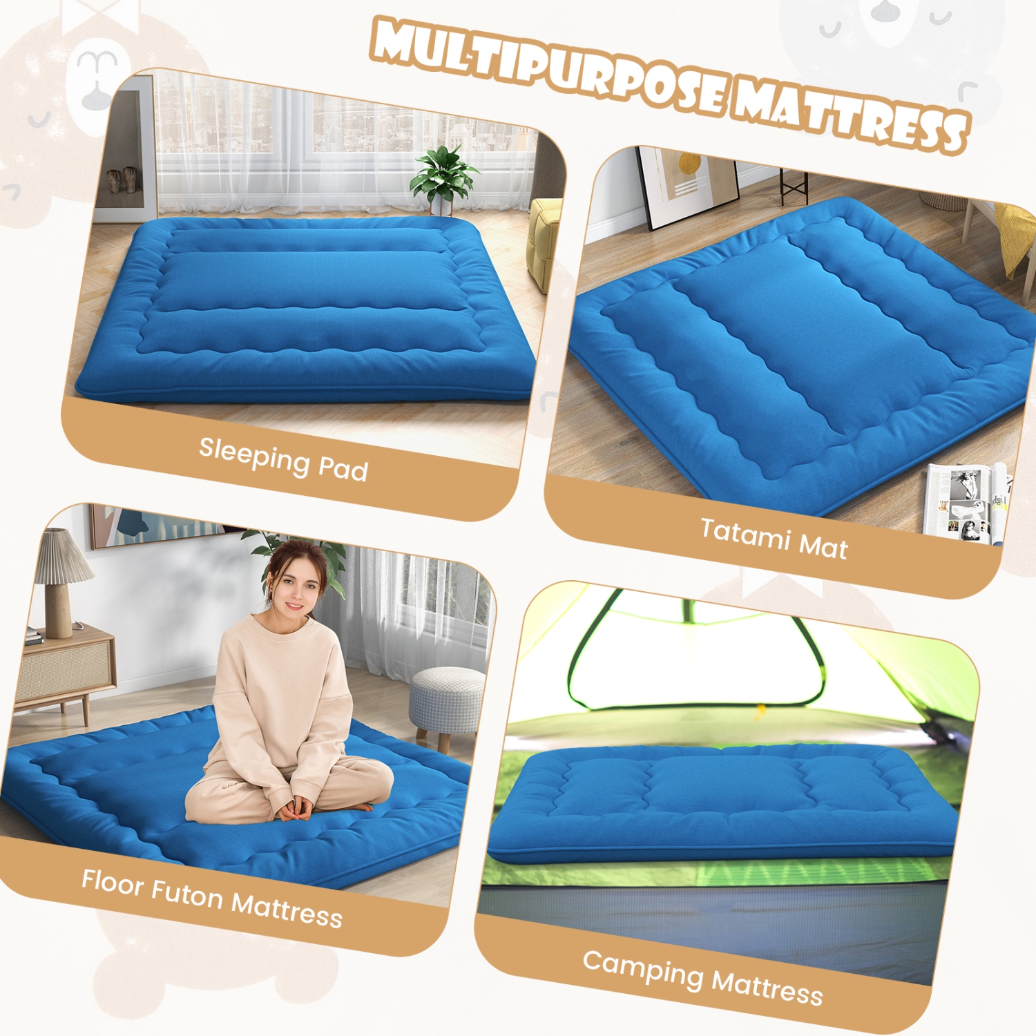 Costway Full/King/Queen/Twin Futon Mattress Japanese Floor Sleeping Pad Washable Cover Carry Bag Blue