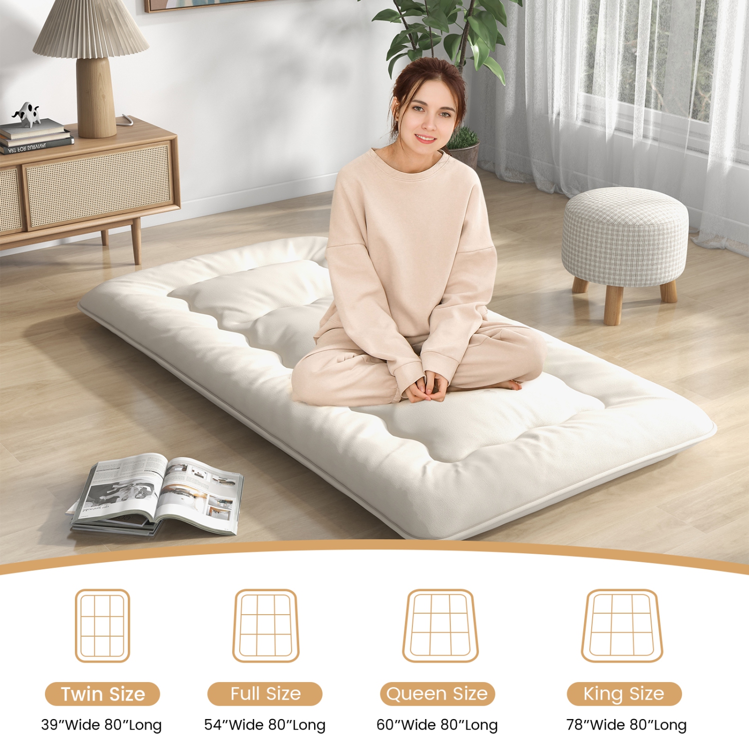Matelas de futon de Costway coussin de sol japonais housse lavable Sac de transport beige