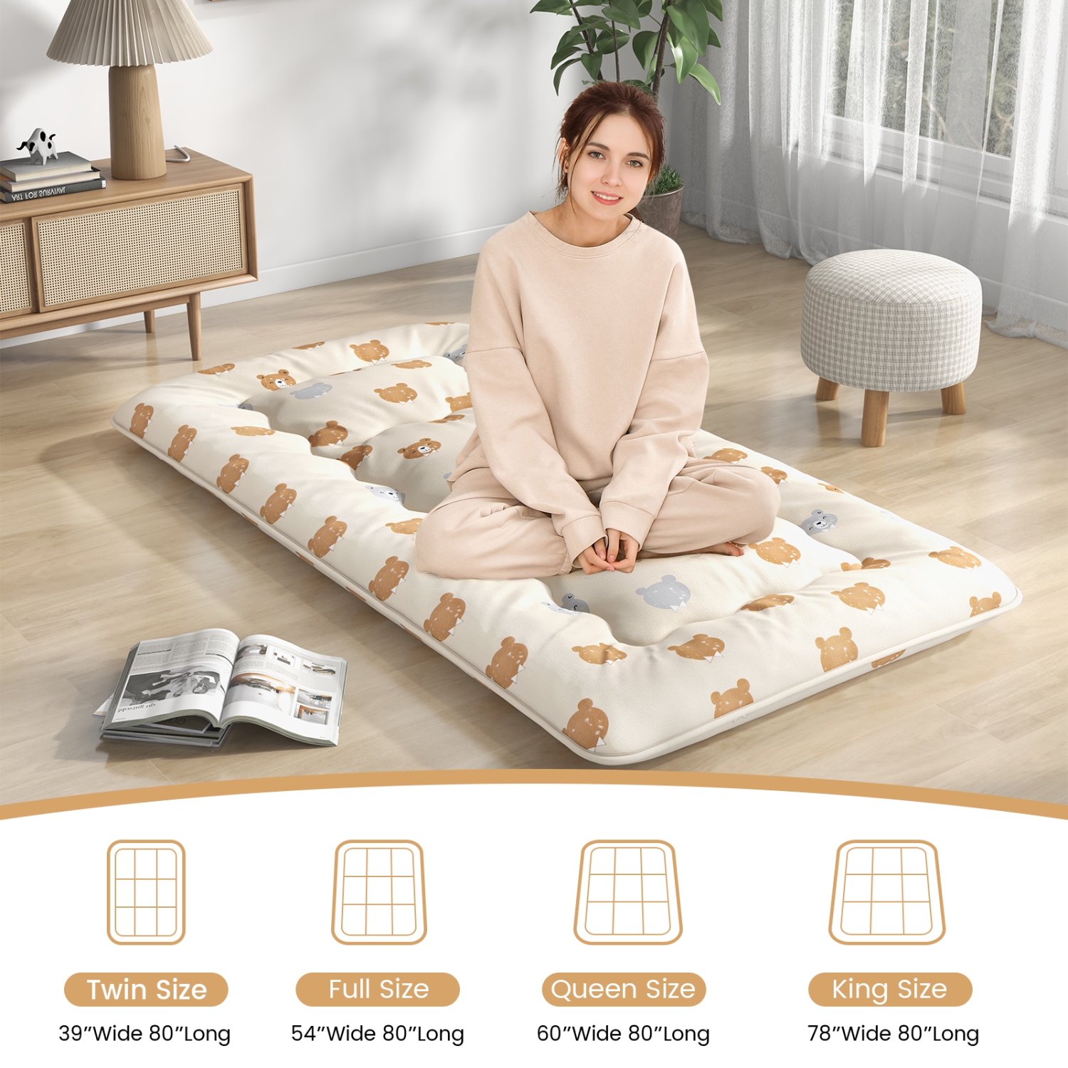 Costway Full/King/Queen/Twin Futon Mattress Japanese Floor Pad Washable Cover Carry Bag Brown Bear