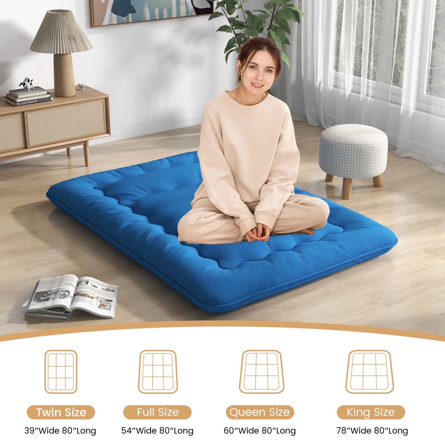 Costway Full/King/Queen/Twin Futon Mattress Japanese Floor Sleeping Pad Washable Cover Carry Bag Blue