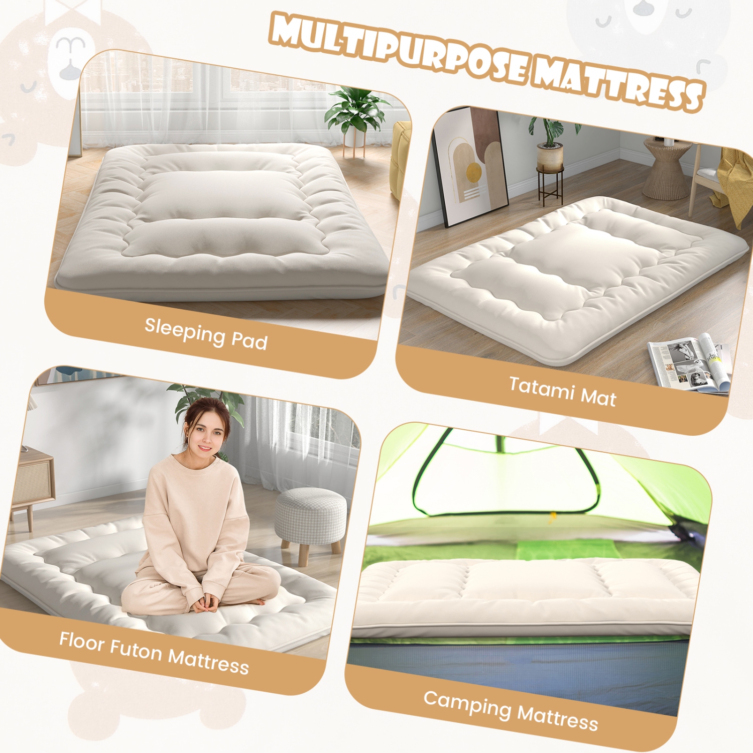 Costway Futon Mattress Japanese Floor Sleeping Pad Washable Cover Carry Bag Beige