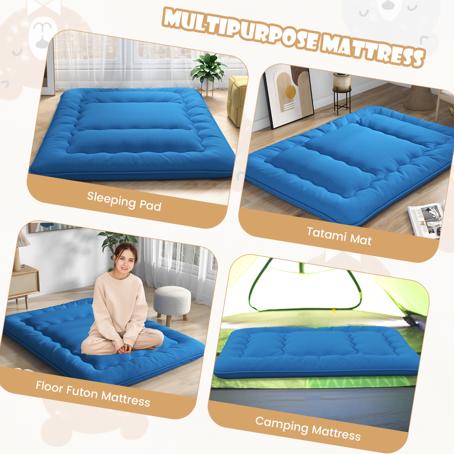 Costway Full/King/Queen/Twin Futon Mattress Japanese Floor Sleeping Pad Washable Cover Carry Bag Blue