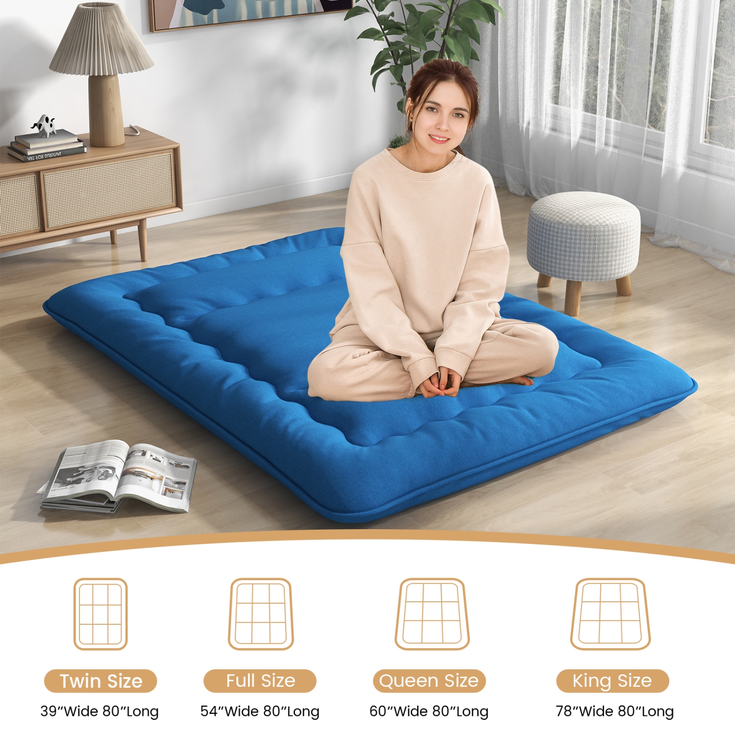 Costway Full/King/Queen/Twin Futon Mattress Japanese Floor Sleeping Pad Washable Cover Carry Bag Blue