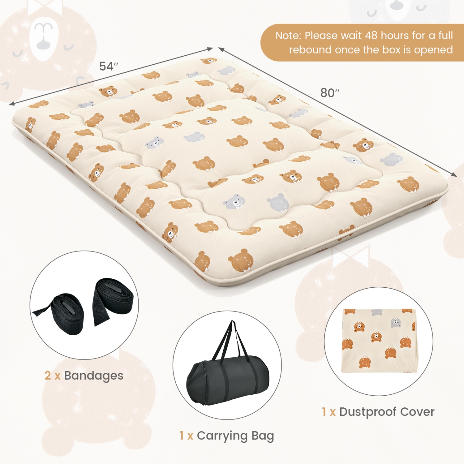Costway Full/King/Queen/Twin Futon Mattress Japanese Floor Pad Washable Cover Carry Bag Brown Bear