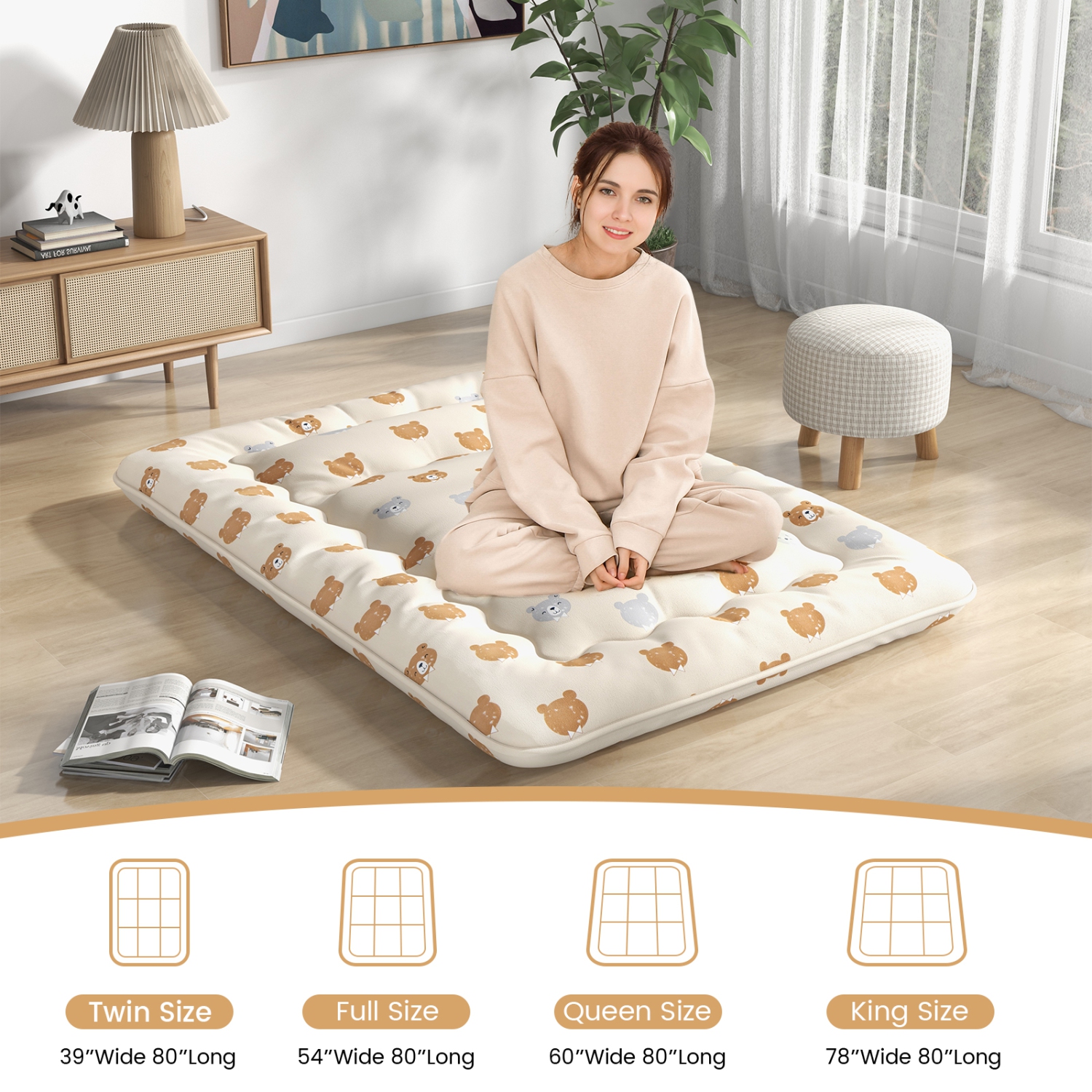 Costway Full/King/Queen/Twin Futon Mattress Japanese Floor Pad Washable Cover Carry Bag Brown Bear