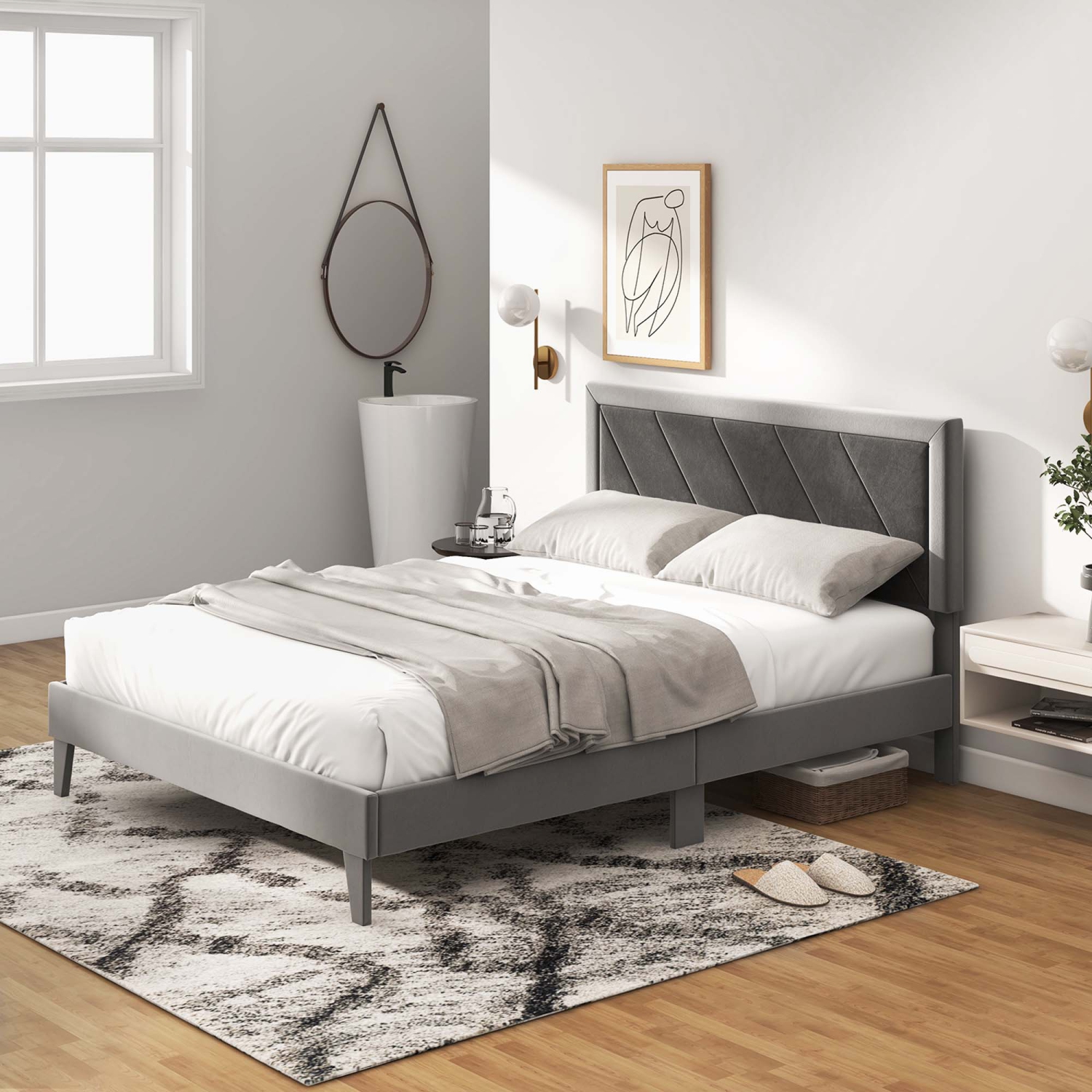 Costway Bed Frame Upholstered Platform Velvet Headboard Wooden Slats -1763 lbs Weight Capacity -Gray