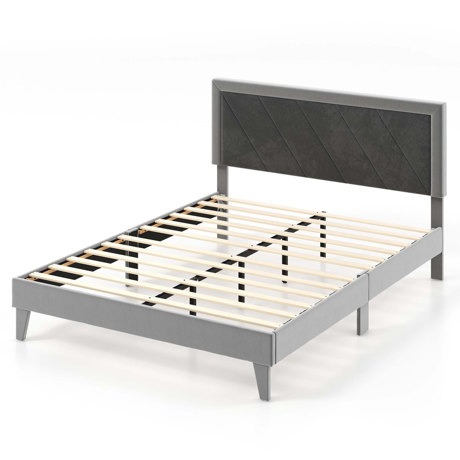 Costway Bed Frame Upholstered Platform Velvet Headboard Wooden Slats -1763 lbs Weight Capacity -Gray