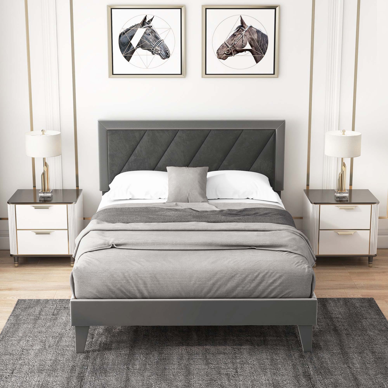Costway Bed Frame Upholstered Platform Velvet Headboard Wooden Slats -1763 lbs Weight Capacity -Gray