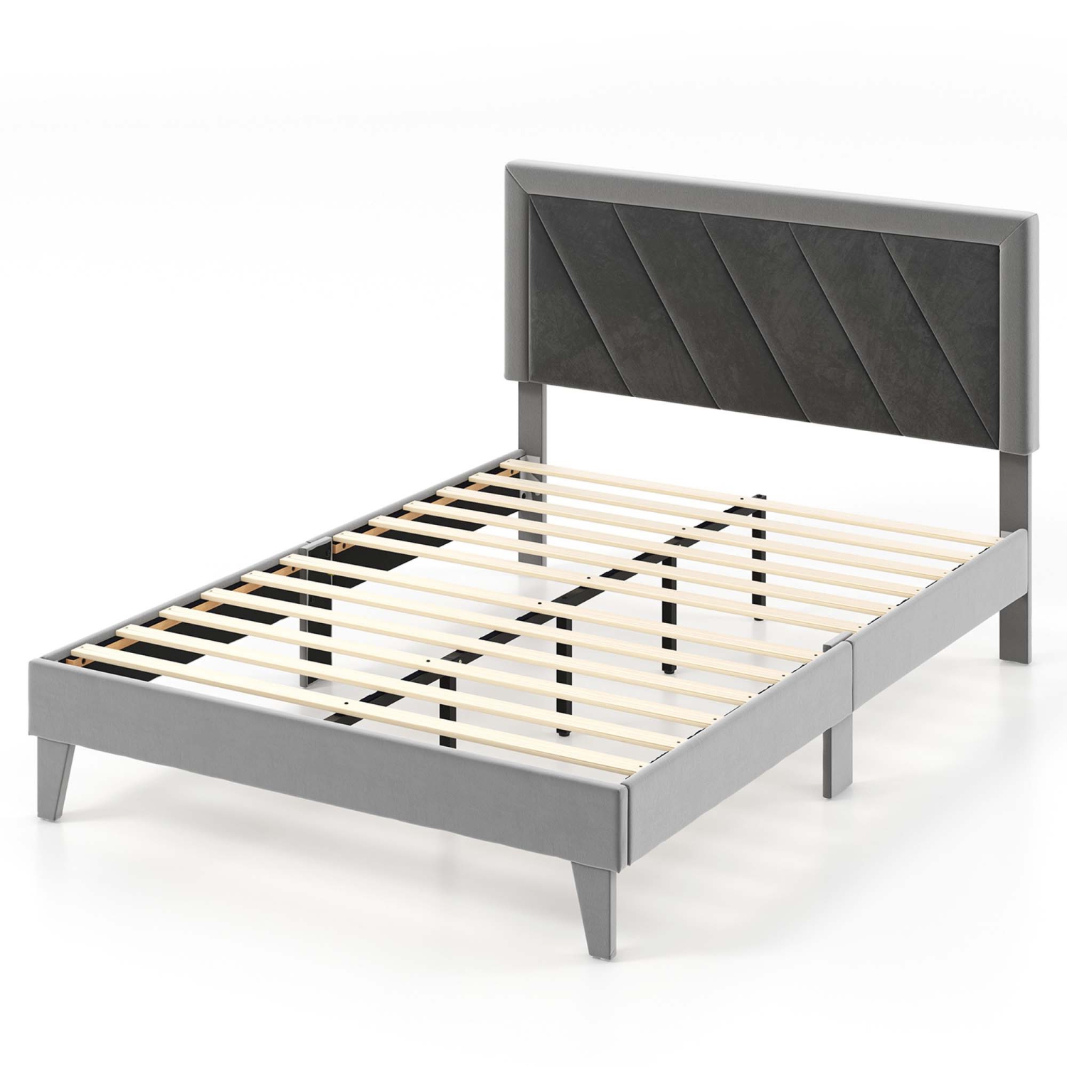 Costway Bed Frame Upholstered Platform Velvet Headboard Wooden Slats -1763 lbs Weight Capacity -Gray