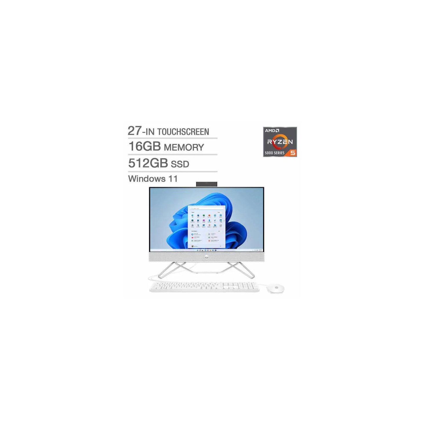 HP AIO Desktop Computer, 27-cb0019, 27" FHD Touch Display , AMD Ryzen 5 5500U Processor, 16GB RAM, 512GB SSD, Windows 11 Home