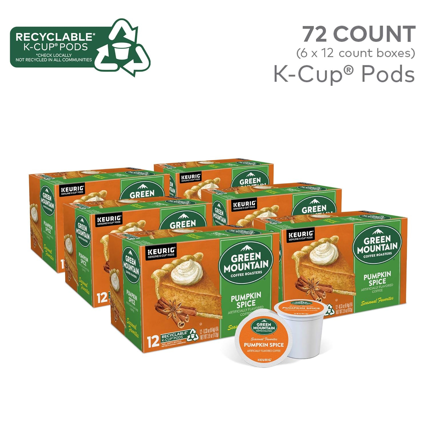 Green Mountain Coffee Roasters Pumpkin Spice, Single-Serve Keurig K-Cup Pods, Flavored Light Roast Coffee, 72 Count, 12 Count