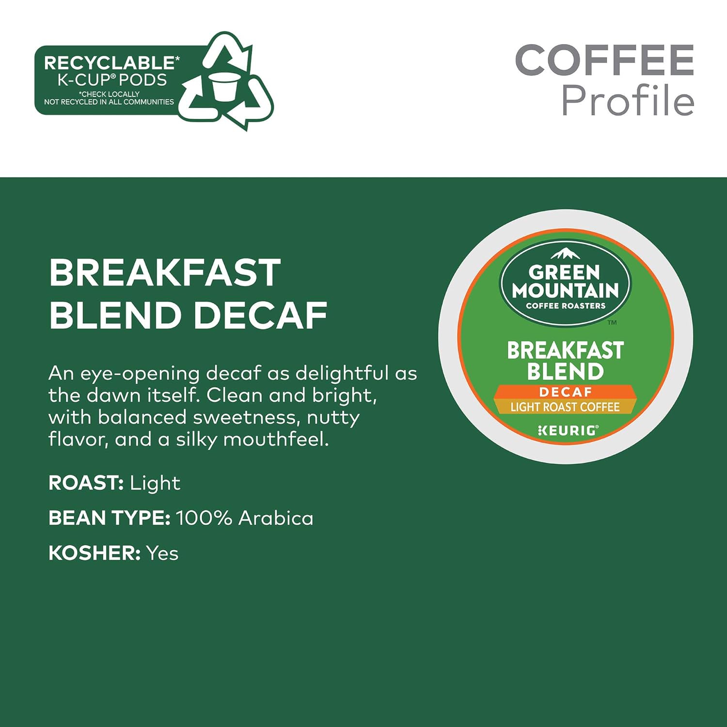 Green Mountain Keurig Decaf Coffee Breakfast Blend, 0.31 Ounce