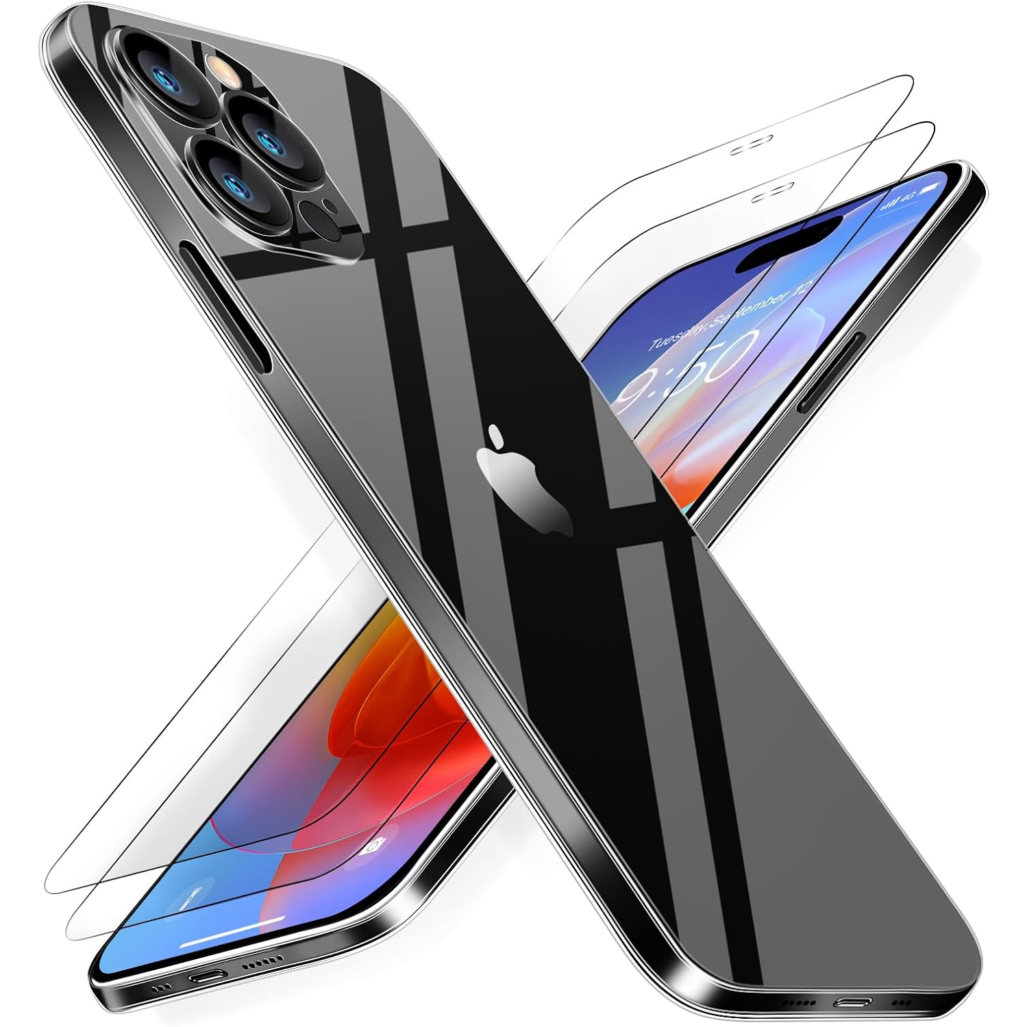 HYFAI iPhone 15 Pro Max Slim Case[Paper-Thin] + 2 Screen Protector Tempered Glass,Transparent Skin Fit Back[Non Yellowing]Ultra Full Protective Phone Cover[Anti-Fingerprints],Clear