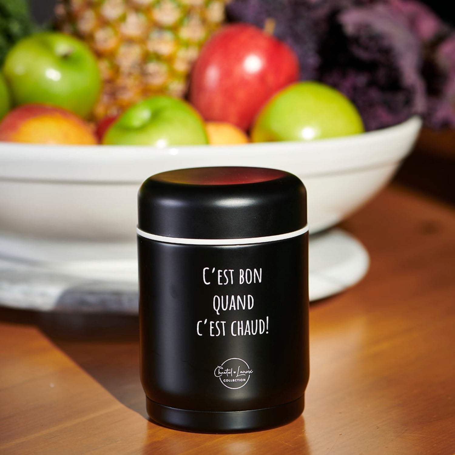 Chantal Lacroix - “C'est bon quand c'est chaud” Stainless Steel Thermos, 12oz Capacity, Black