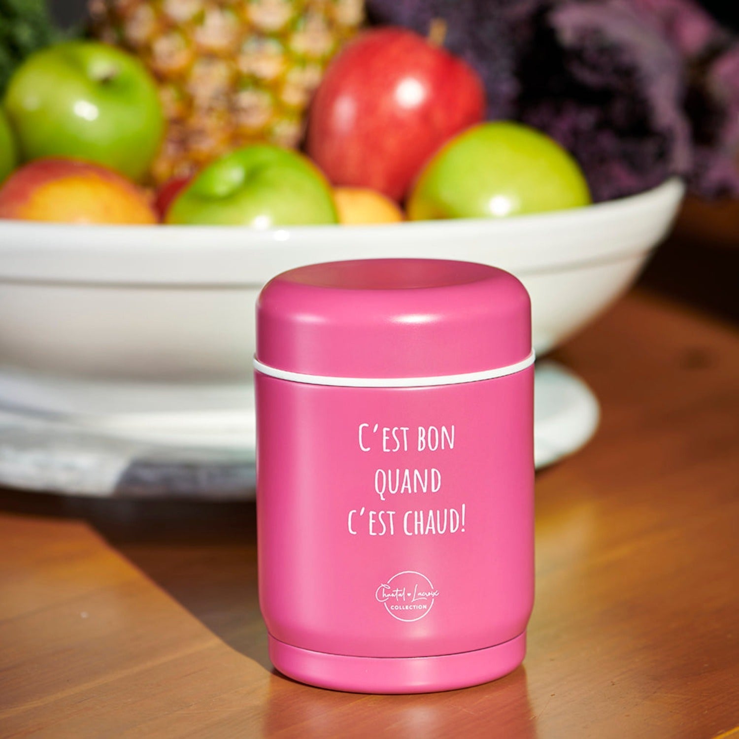 Chantal Lacroix - “C'est bon quand c'est chaud” Stainless Steel Thermos, 12oz Capacity, Pink