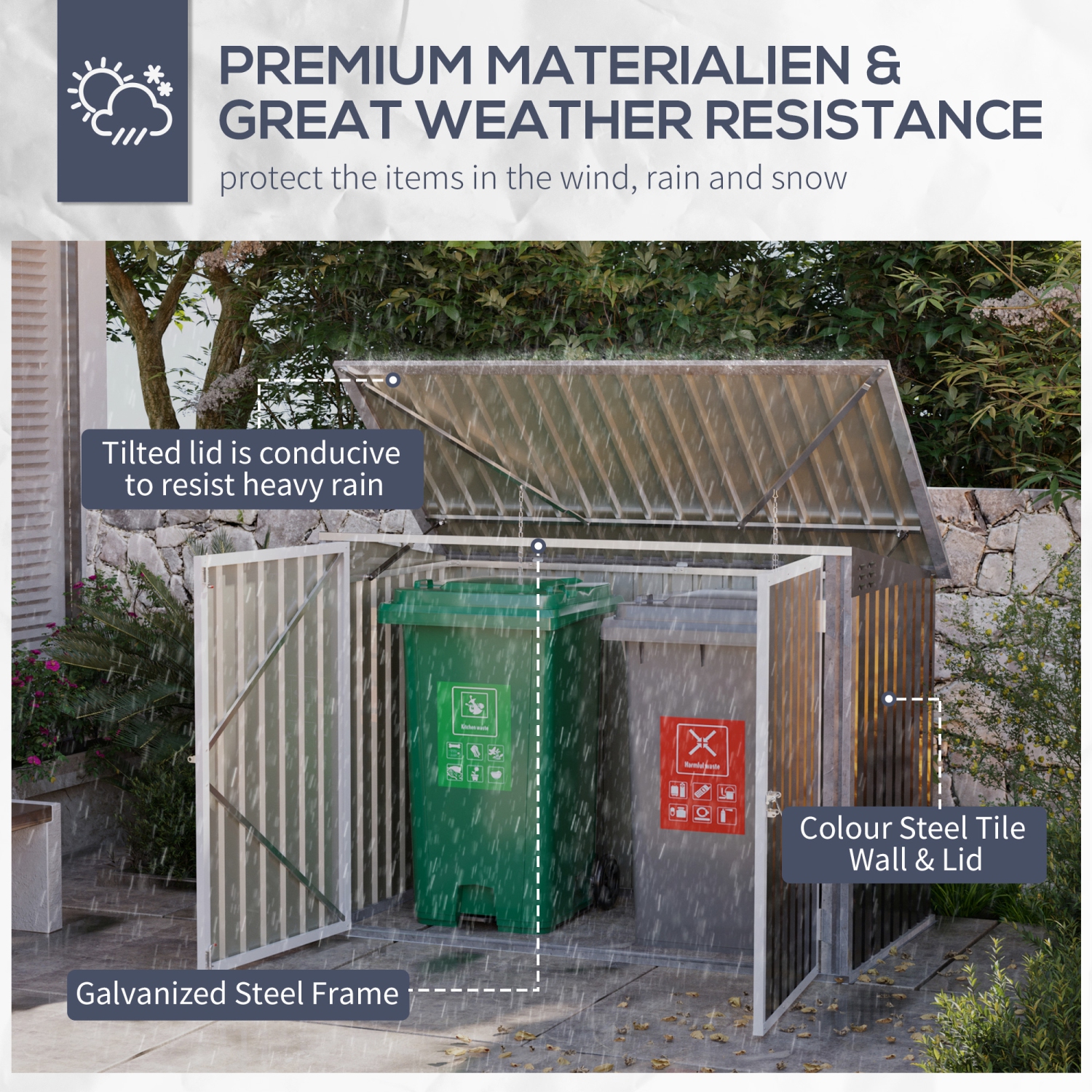 Outsunny 6x3 FT Outdoor Storage Shed, Horizontal Garbage Can Organizer with Double Door and Lid Rubbish Cover, for 2 Trash Cans, Dark Grey