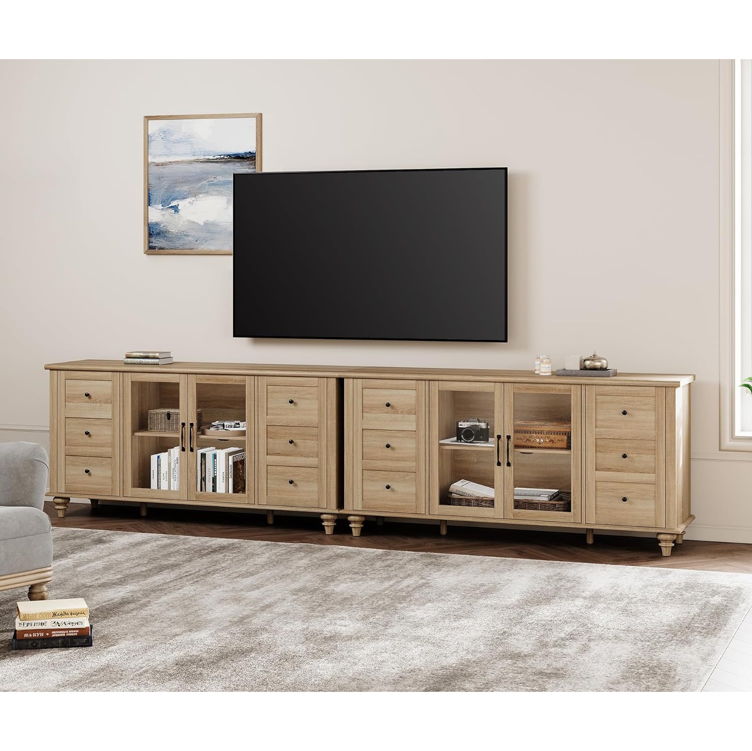 WAMPAT 2 in 1 Glass Door Farmhouse TV Stand for TVs Up to 110 inch, Wood Universal TV Console Table with Storage Cabinets, Oak