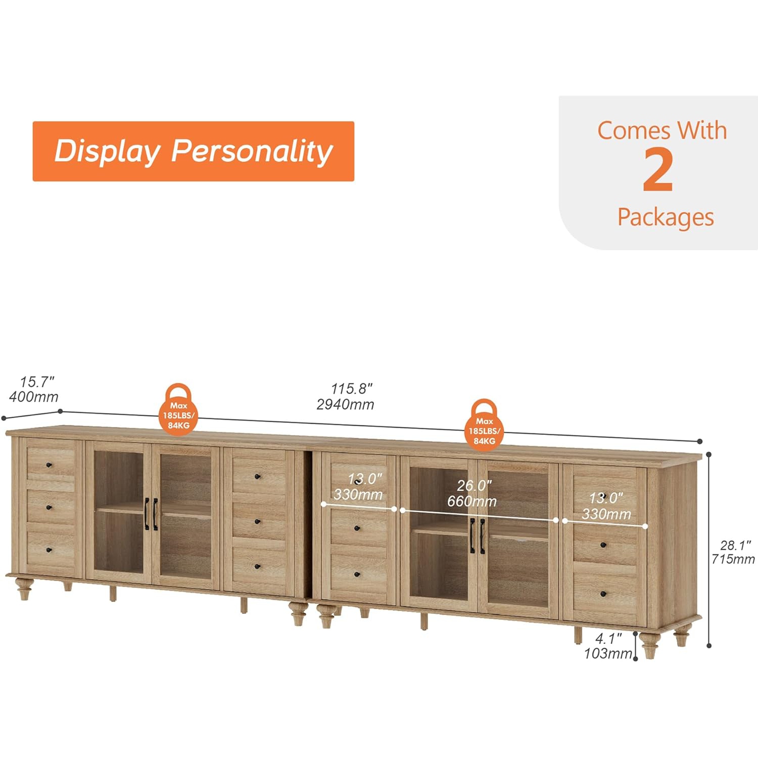 WAMPAT 2 in 1 Glass Door Farmhouse TV Stand for TVs Up to 110 inch, Wood Universal TV Console Table with Storage Cabinets, Oak