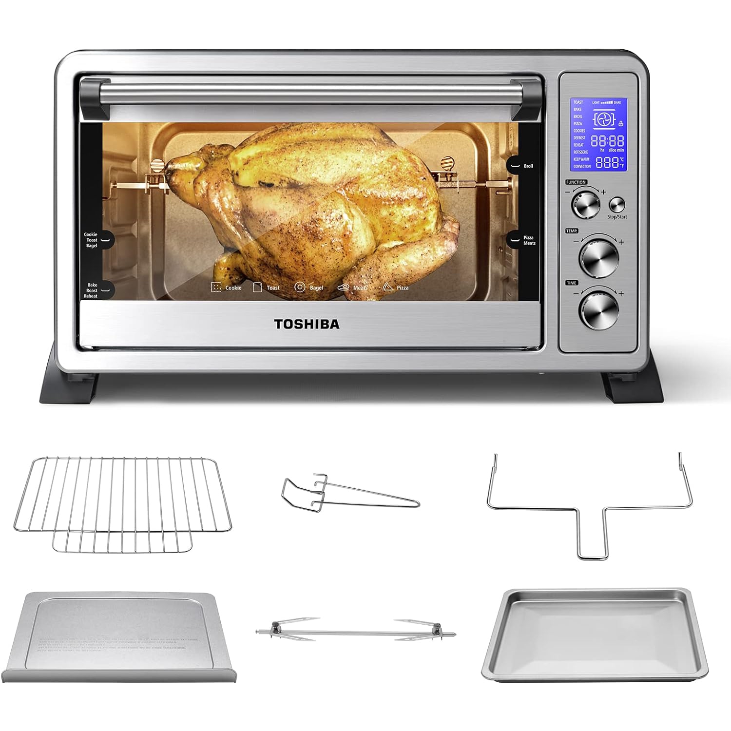 TOSHIBA AC25CEW-SS Large 6-Slice Convection Toaster Oven Countertop, 10-In-One with Toast, Pizza and Rotisserie, 1500W, Stainless Steel, Includes 6 Accessories