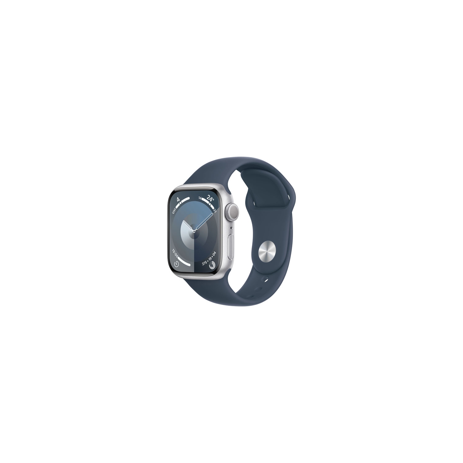 Refurbished - Apple Watch Series 9 (GPS) 41mm Silver Aluminium Case with Storm Blue Sport Band - Medium / Large