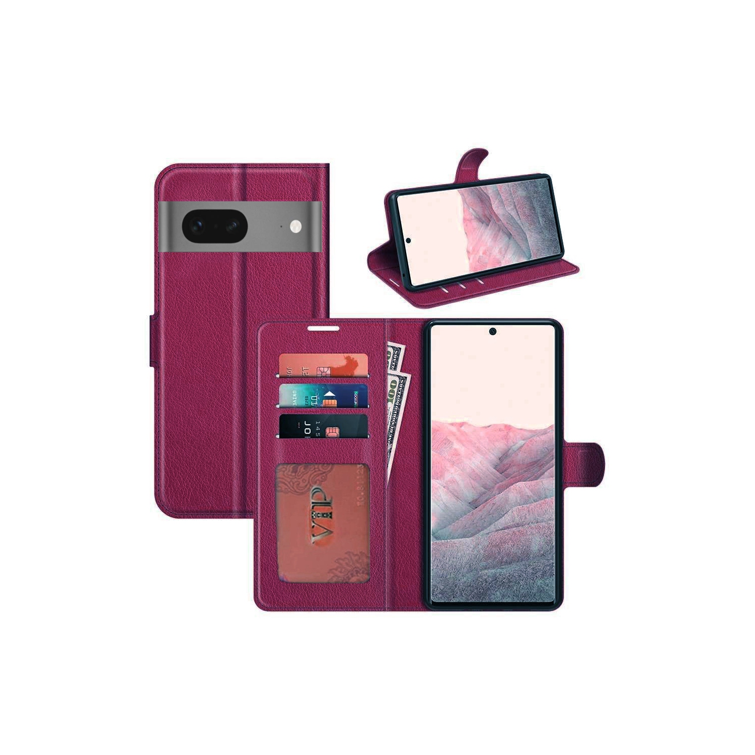 [CS] Google Pixel 8 Pro Case, Magnetic Leather Folio Wallet Flip Case Cover with Card Slot, Wine