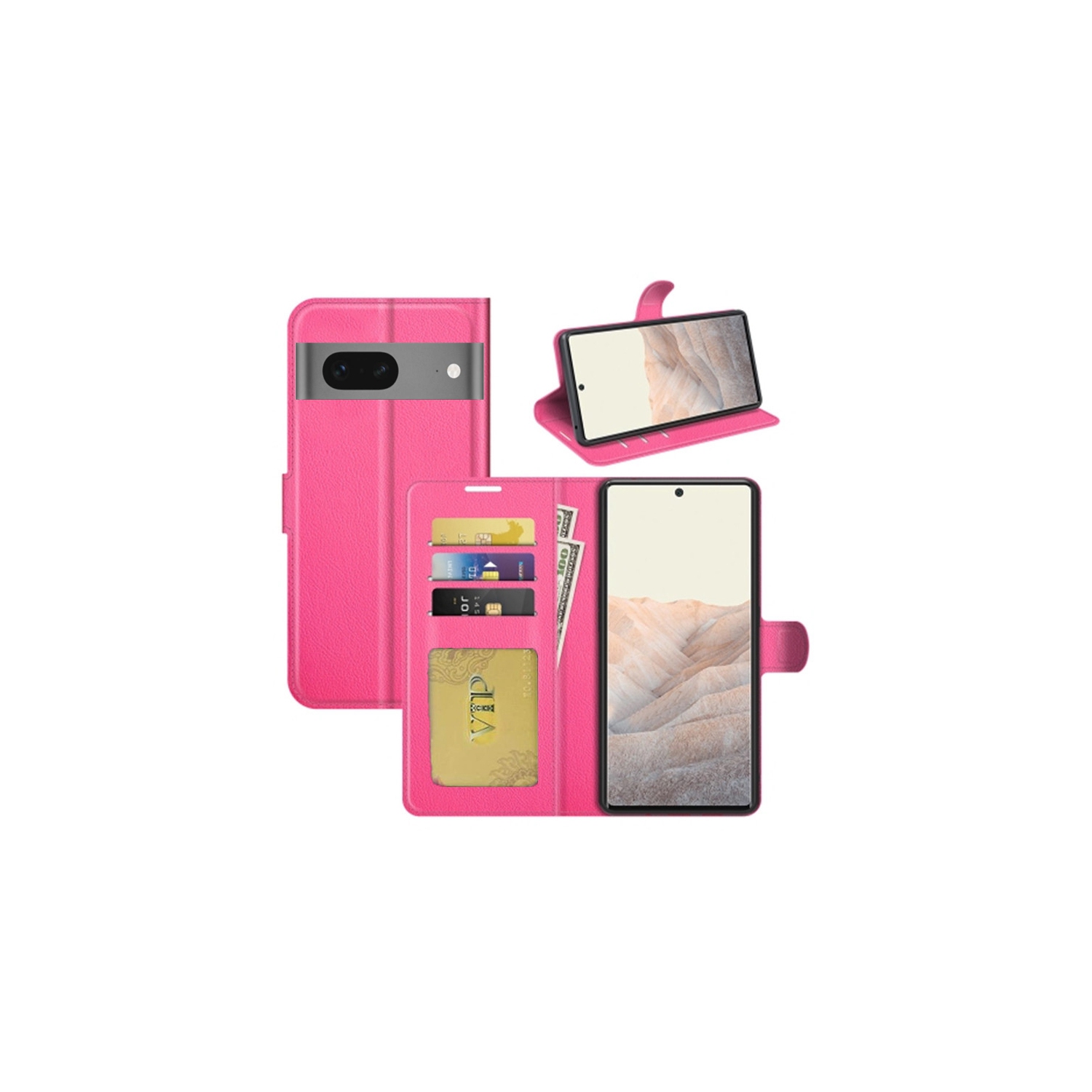 [CS] Google Pixel 8 Case, Magnetic Leather Folio Wallet Flip Case Cover with Card Slot, Hot Pink