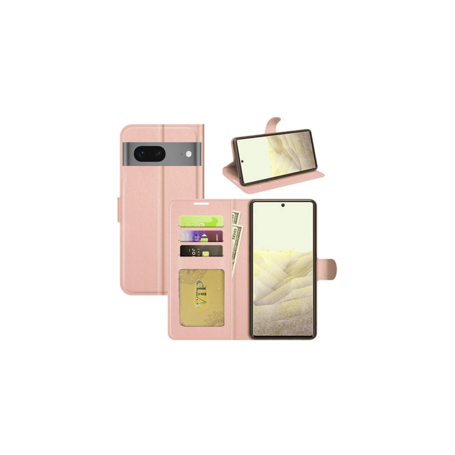 [CS] Étui pour Pixel 8 de Google, étui folio en cuir magnétique à rabat avec fente pour carte, rose doré