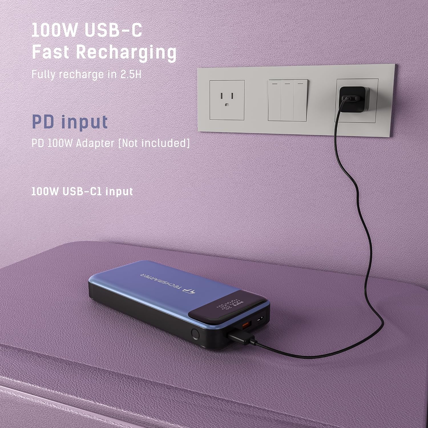 Chargeur portable 130&nbsp;W PD 30000mah W de TECHSMARTER avec chargement 45&nbsp;W ultrarapide, deux chargeurs portables USB-C compatibles avec