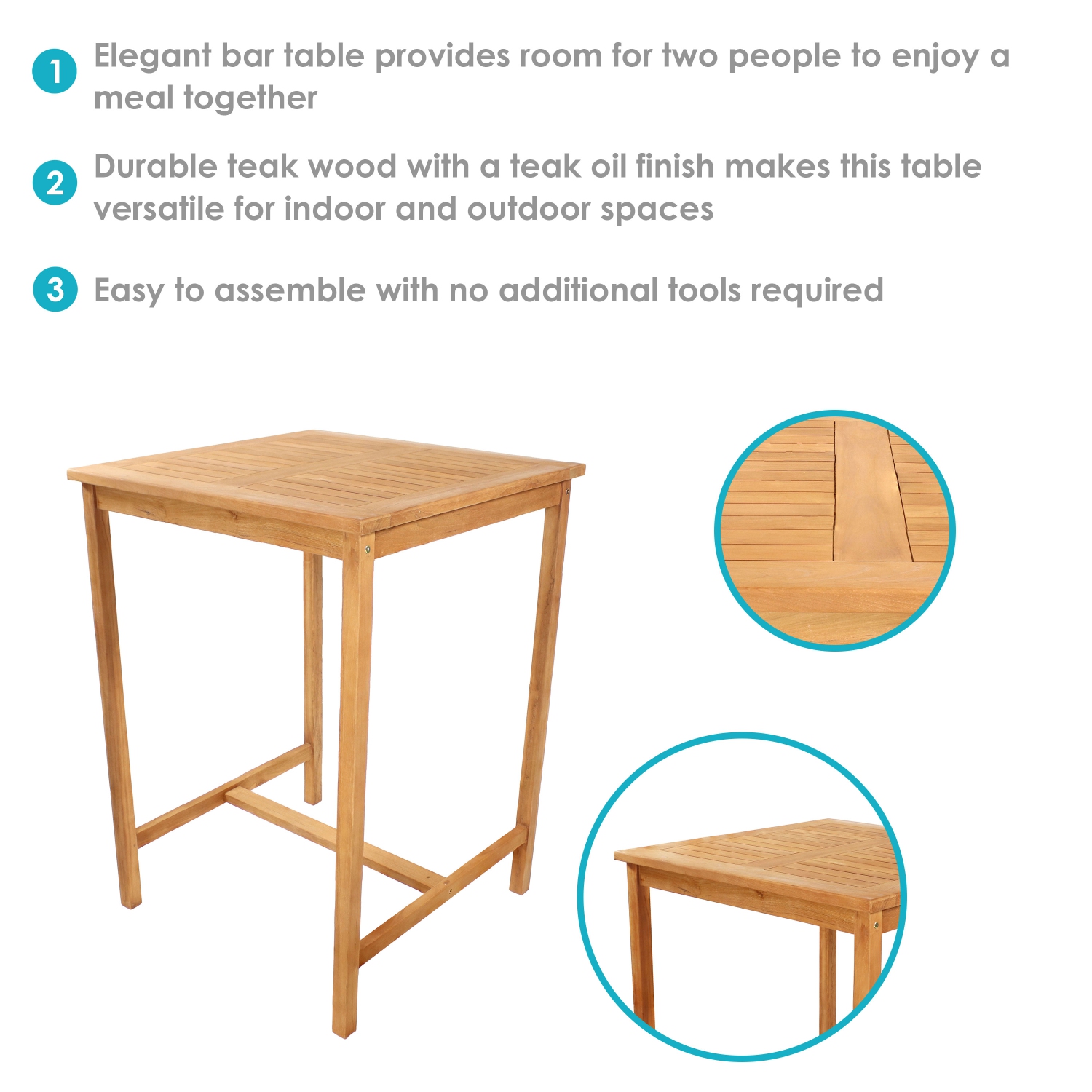 Sunnydaze 31" Square Teak Wood Outdoor Bar Table