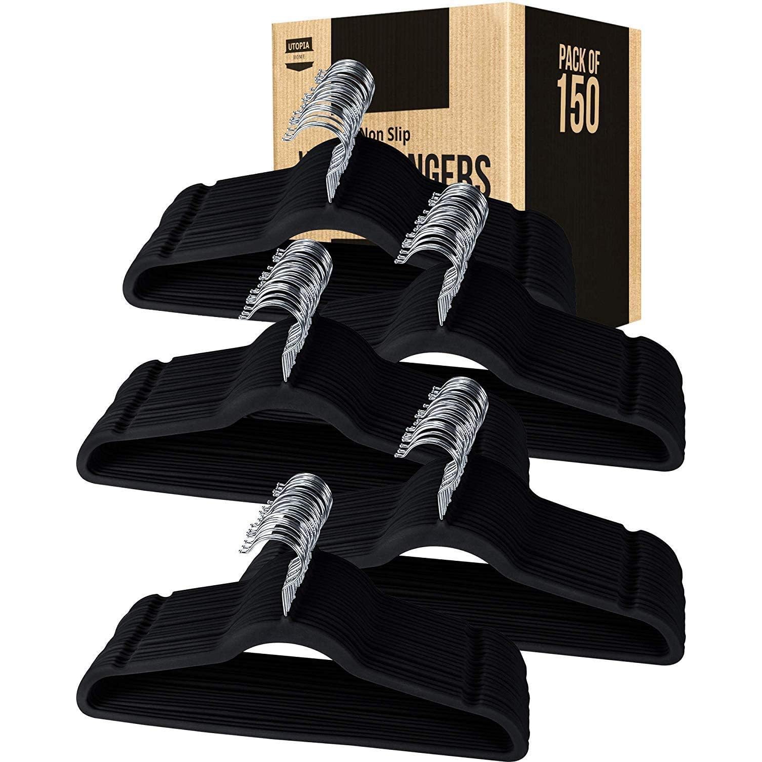 Utopia Home Pack of 150 Premium Non Slip Velvet Hangers - 360-degree rotatable Hook - Durable & Slim - Coat Hangers - Pant Hangers - Black
