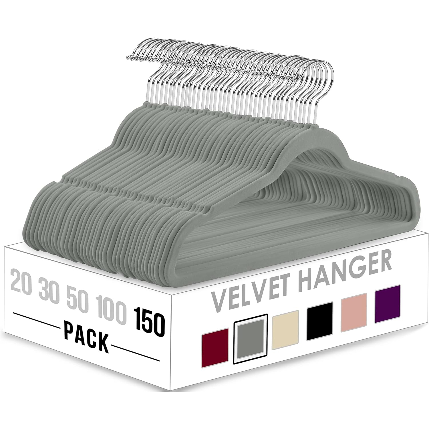 Utopia Home Pack of 150 Premium Non Slip Velvet Hangers - 360-degree rotatable Hook - Durable & Slim - Coat Hangers - Pant Hangers - Grey