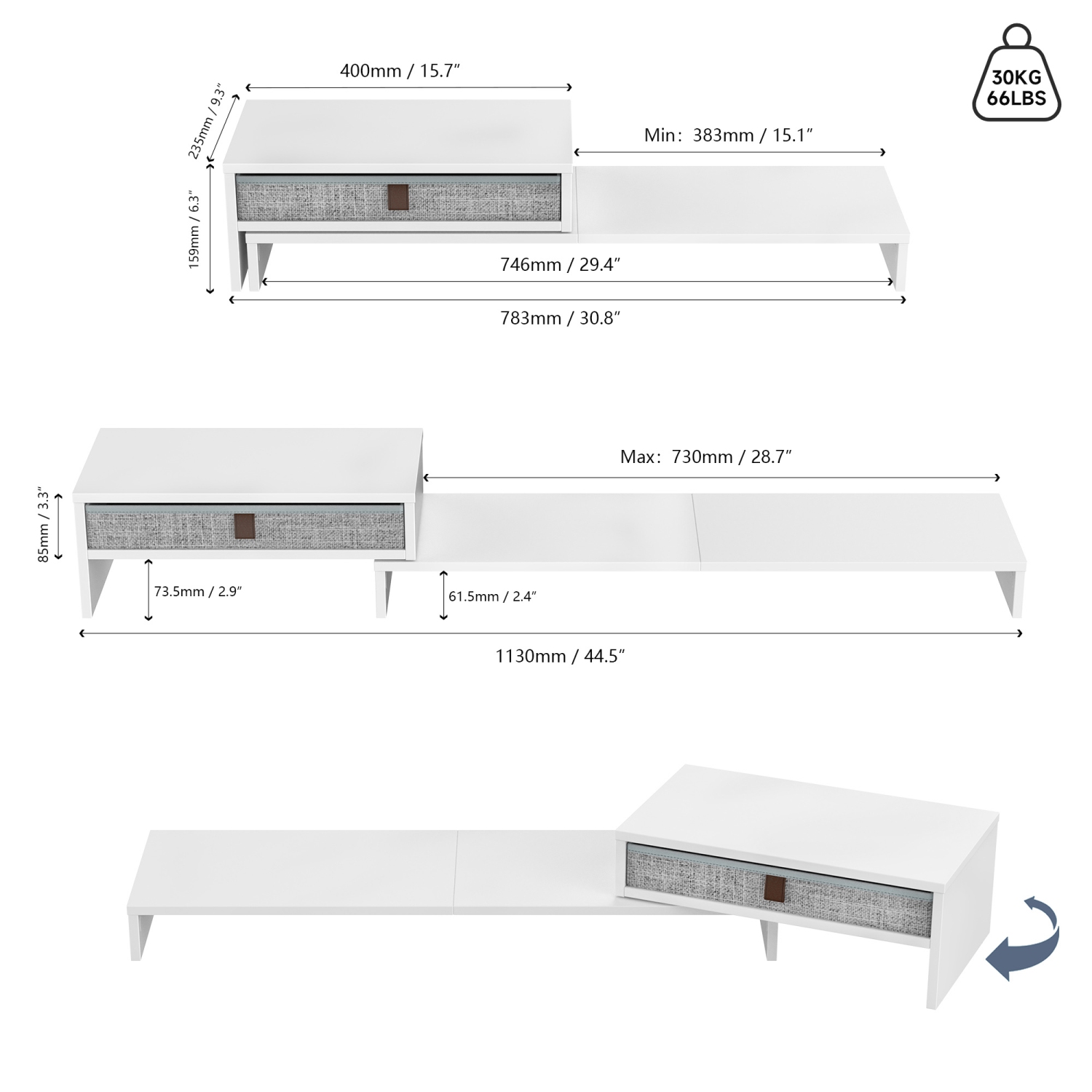 Socle pour moniteur d'ordinateur de Fenge avec tiroir pour 2 ou 3 moniteurs, support pour portable de bureau à longueur et angle réglables,