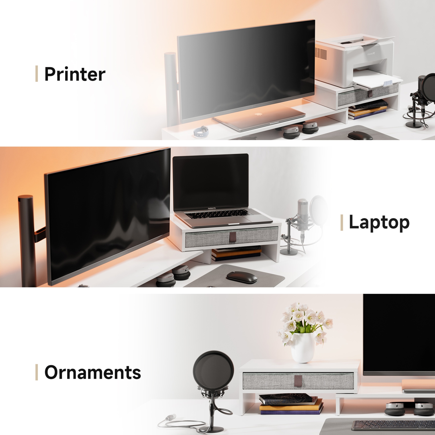 Socle pour moniteur d'ordinateur de Fenge avec tiroir pour 2 ou 3 moniteurs, support pour portable de bureau à longueur et angle réglables,