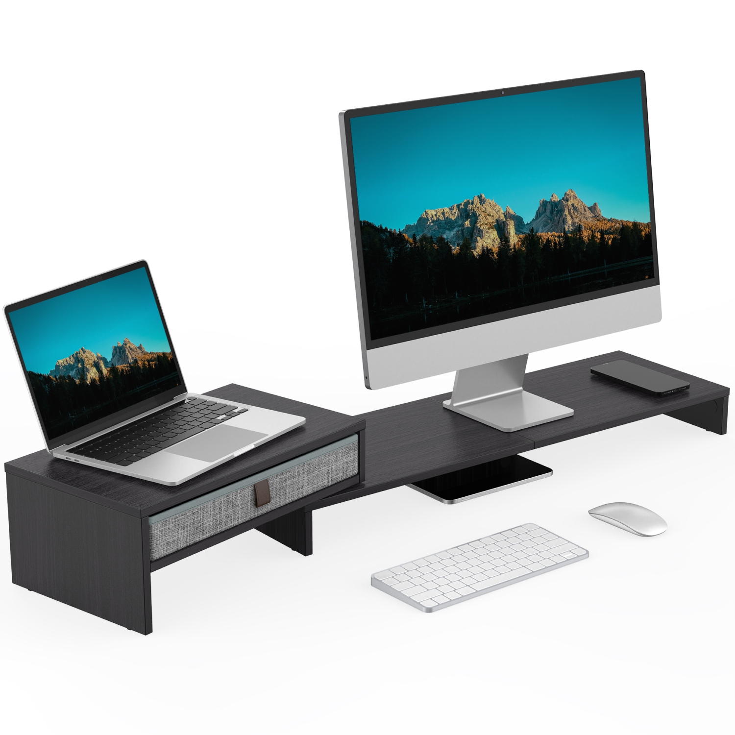 Socle pour moniteur d'ordinateur de Fenge avec tiroir pour 2 ou 3 moniteurs, support pour portable de bureau à longueur et angle réglables,