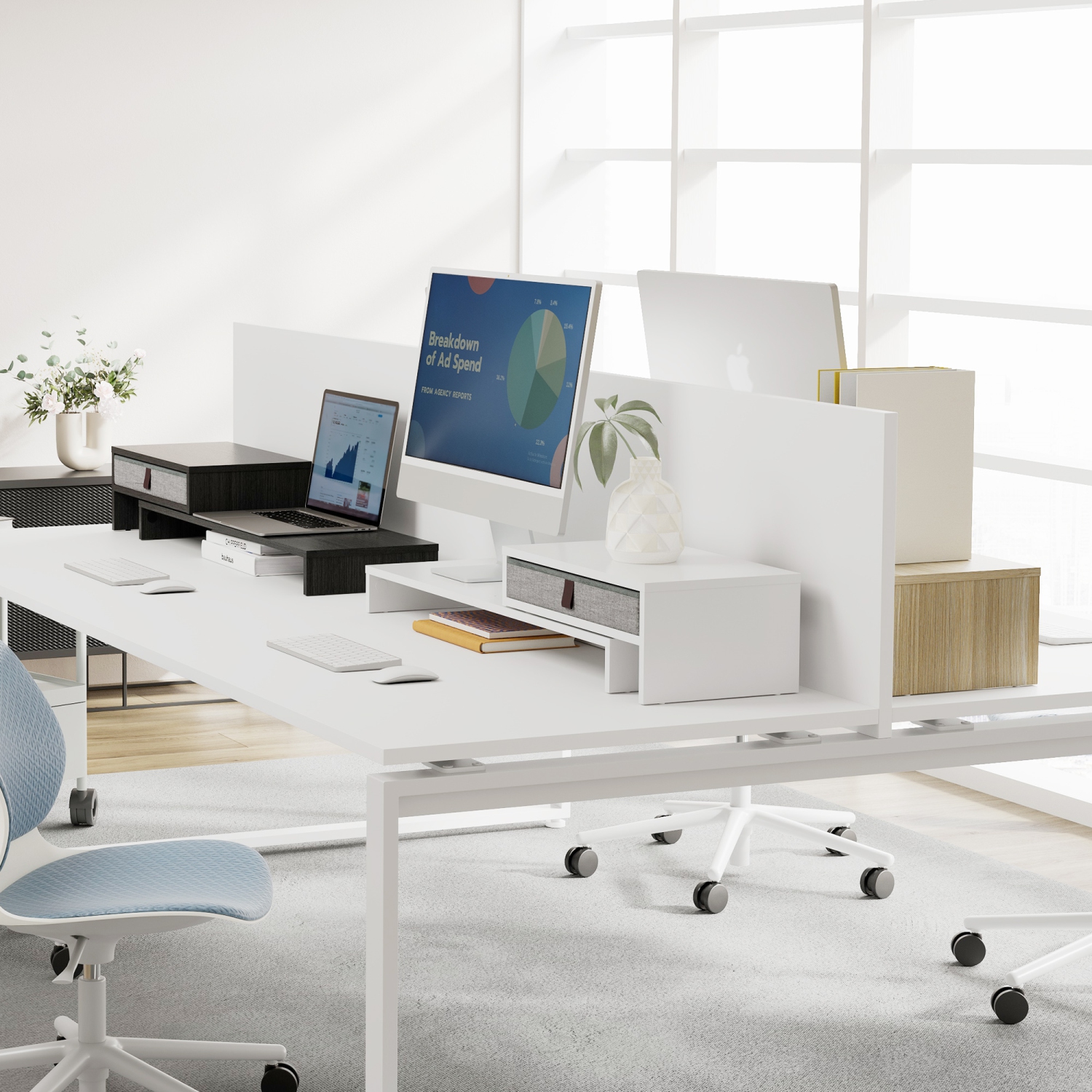 Socle pour moniteur d'ordinateur de Fenge avec tiroir pour 2 ou 3 moniteurs, support pour portable de bureau à longueur et angle réglables,