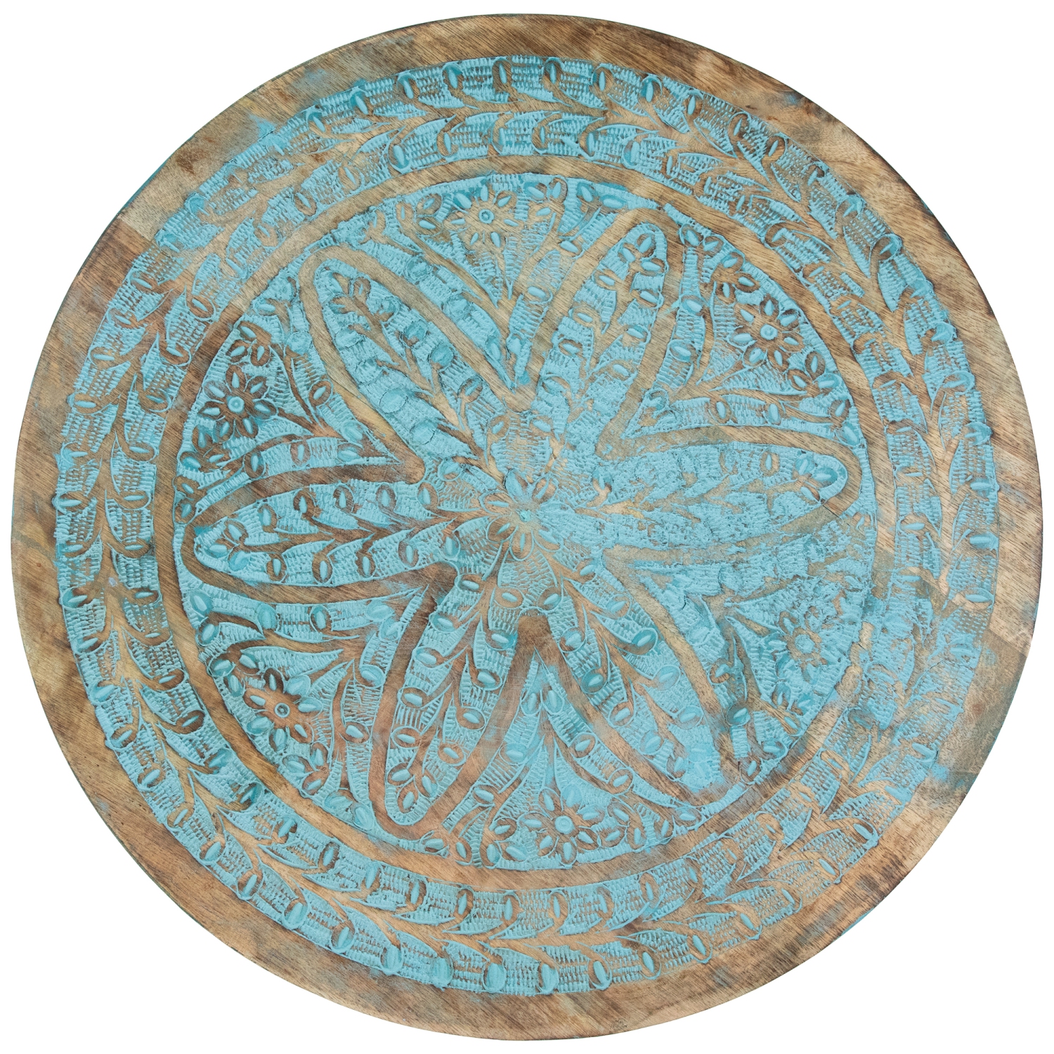 22" Antique Blue Engraved Wooden Tri Leg Round Side Table