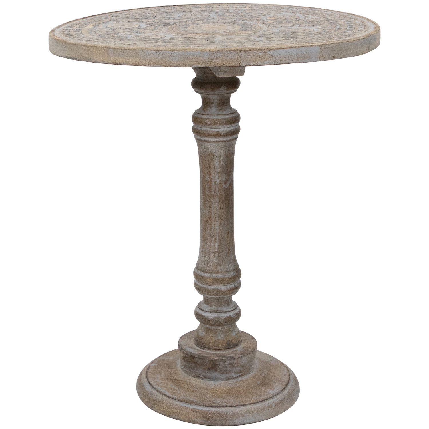 Table d'appoint ronde sur pied à motif floral gris antique sculpté de 21 po